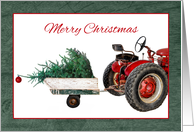 Tractor With Trailer Hauling Christmas Tree Merry Christmas card