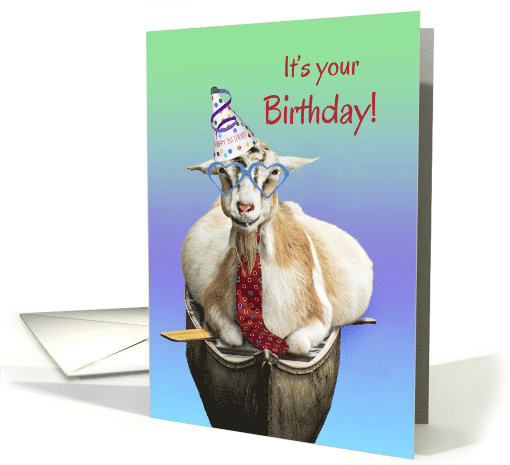 Funny Goat In A Boat With Tie Heart Glasses And Hat Birthday card