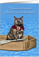 Row-meow Funny Cat In Cardboard Boat Valentine card