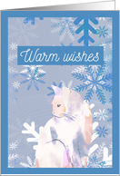 Warm Wishes Christmas Cute White Cat and Blue Snowflakes Illustration card