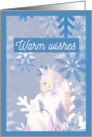 Warm Wishes Christmas Cute White Cat and Blue Snowflakes Illustration card