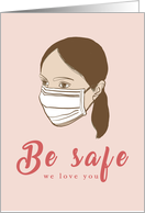 Be Safe Pastel Pink Coronavirus Encouragement Woman with Face Mask card