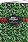Greenery and Red Buffalo Plaid Ribbon Custom Name Christmas card