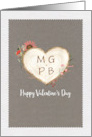 Initials on Heart Shaped Tree Slice Woodsy Natural Valentines Day card