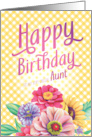 Birthday for Aunt Yellow Gingham with Zinnias Bachelor Buttons card