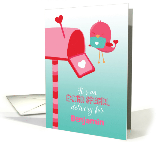 Custom Name Extra Special Delivery Birdie and Mailbox Valentine card