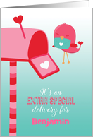 Custom Name Extra Special Delivery Birdie and Mailbox Valentine card