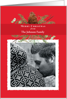 Festive Red and Winter Greenery Custom Photo Christmas card