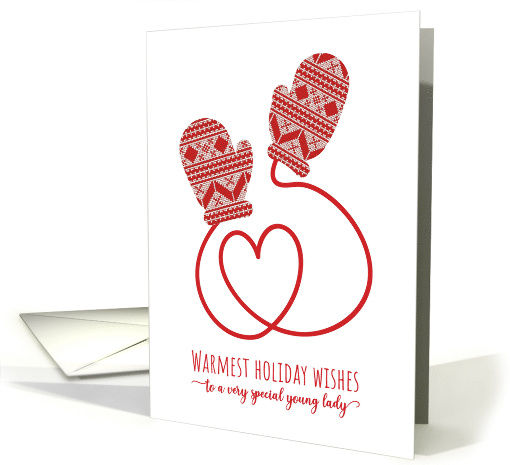 Simple Knitted Mittens and Heart String for Young Lady Christmas card