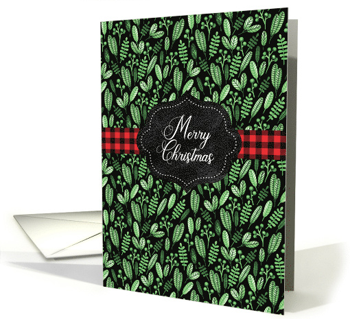Lush Greenery and Bright Red Buffalo Plaid Ribbon Merry Christmas card