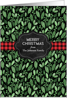 Greenery and Red Buffalo Plaid Ribbon Custom Name Christmas card