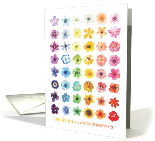For Goddaughter Grid of Flowers in Rainbow Colors Birthday card