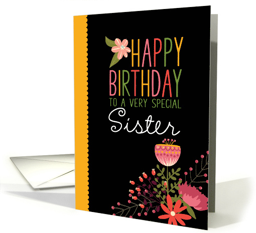 For Sister Sweet Cute Folksy Florals Happy Birthday card (1723742)