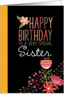 For Sister Sweet Cute Folksy Florals Happy Birthday card