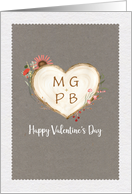 Initials on Heart Shaped Tree Slice Woodsy Natural Valentines Day card