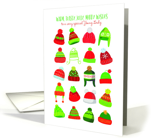 Warm Toasty Merry Christmas Hats Caps Toboggans for Young Lady card