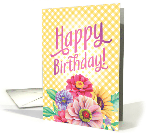 Cheerful Happy Birthday with Yellow Gingham Zinnias Cornflowers card
