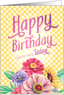 Birthday for Sister Yellow Gingham with Zinnias Bachelor Buttons card