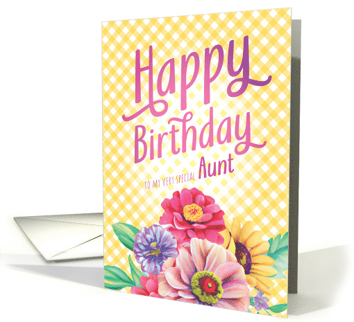 Birthday for Aunt Yellow Gingham with Zinnias Bachelor Buttons card