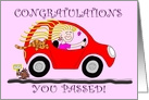 Congratulations Cartoon of Female Passed Driving Test in Red Car card