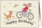 Birthday Cartoon Caricature of a Female Riding Bike Followed by a Dog card