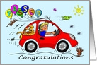 Passed Driving Test Cartoon Caricatures of a Man and Dog in a Red Car card