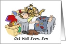 Get Well Cartoon of Son in Bed and Pet Dog card