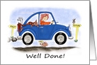 Congratulations Cartoon of Female Passed Driving Test in Blue Car card