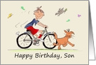 Son Birthday Cartoon Caricature of a Boy Riding Bike Following a Dog card