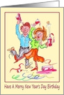 New Year’s Day Birthday Cartoon Caricature of a Merry Couple Partying card