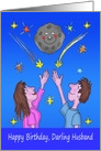 Husband Birthday Cartoon Caricature of a Couple, Moon and Stars card