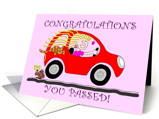 Congratulations Cartoon of Female Passed Driving Test in Red Car card