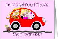 Congratulations Cartoon of Female Passed Driving Test in Red Car card