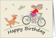 Birthday Cartoon Caricature of a Female Riding Bike Followed by a Dog card