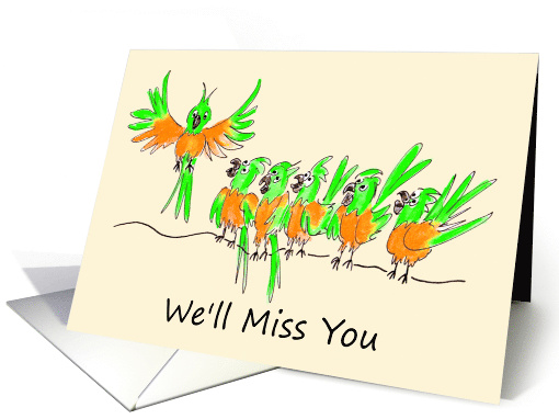 Leaving Cartoon Style Parrots Saying Good Bye to Colleague card