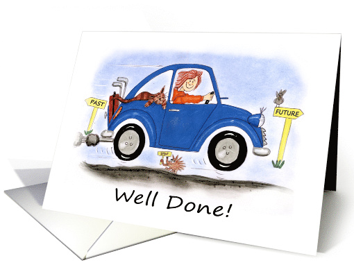 Congratulations Cartoon of Female Passed Driving Test in Blue Car card