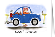 Congratulations Cartoon of Female Passed Driving Test in Blue Car card