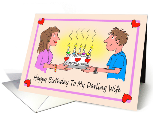 Wife Birthday Cartoon Caricature of a Couple and Birthday Cake card