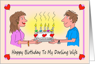 Wife Birthday Cartoon Caricature of a Couple and Birthday Cake card