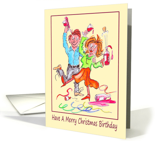 Christmas Birthday Cartoon Caricature of a Merry Couple Partying card