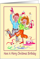 Christmas Birthday Cartoon Caricature of a Merry Couple Partying card