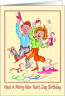 New Year’s Day Birthday Cartoon Caricature of a Merry Couple Partying card