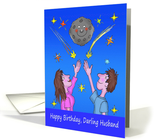 Husband Birthday Cartoon Caricature of a Couple, Moon and Stars card