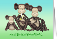 From All of Us Birthday Cartoon Caricatures of A Family Of Monkeys card