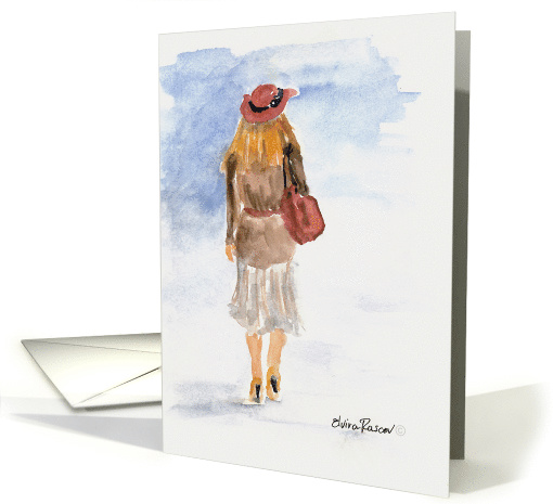Missing You Girl with a Red Hat Watercolor card (1520604)