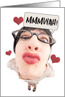 Nerdy Woman Sending Love and Kisses and Laughter on Birthday card