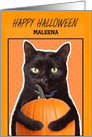 Happy Halloween Custom Name Cute Black Cat with Pumpkin Humor card