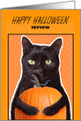 Happy Halloween Nephew Cute Black Cat with Pumpkin Humor card