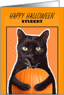 Happy Halloween Student Black Cat Holding Pumpkin card