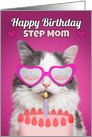 Happy Birthday Step Mom Cute Cat With Birthday Cake Humor card